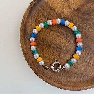 4/$15 Multi Rainbow Color Beads Pearl Beaded Silver Sailor Clasp Bracelet